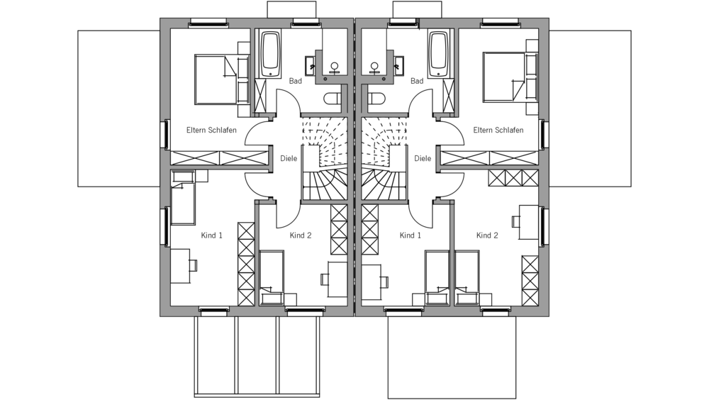 Architekturentwurf Doppelhaus Grundriss Obergeschoss