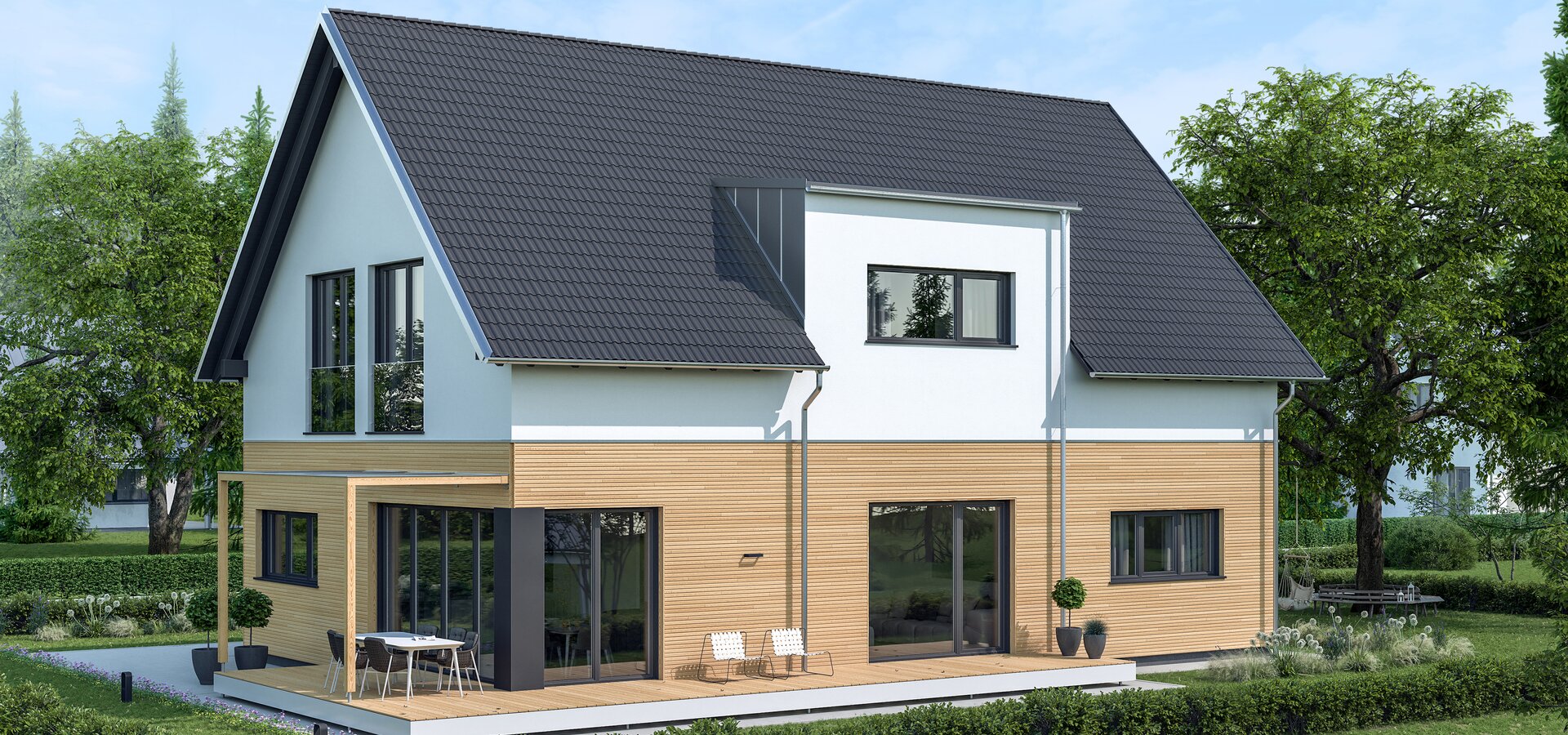 Architekturentwurf Klassik V2 Terrassenansicht mit französischem Glasbalkon