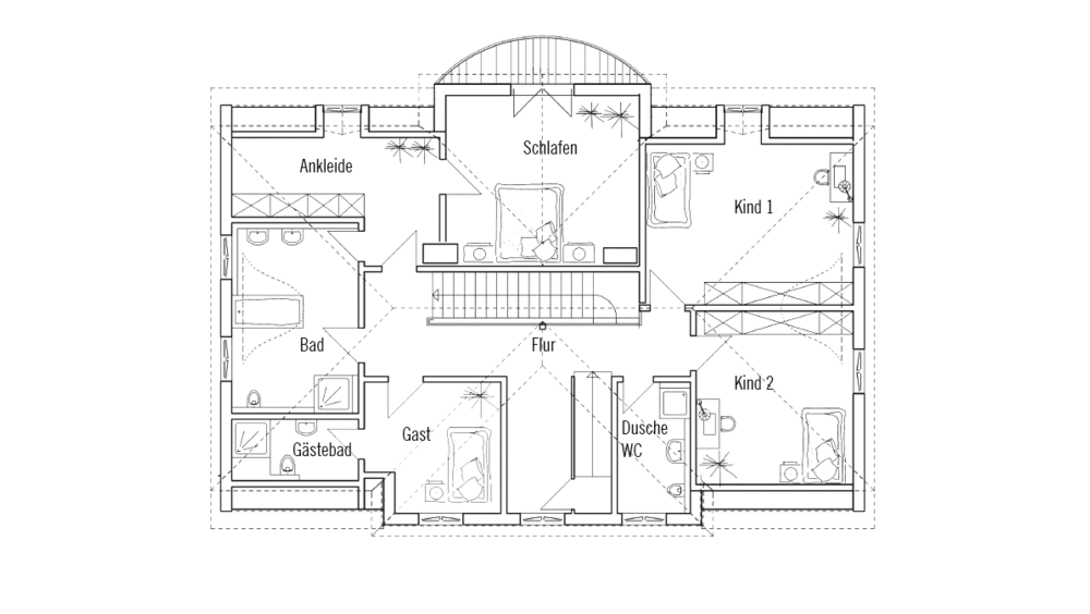 Grundriss Obergeschoss von traditioneller Landhausvilla