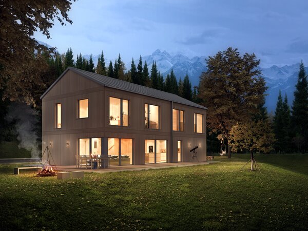 Architekturentwurf Monolith Terrassenansicht Dämmerungsaufnahme